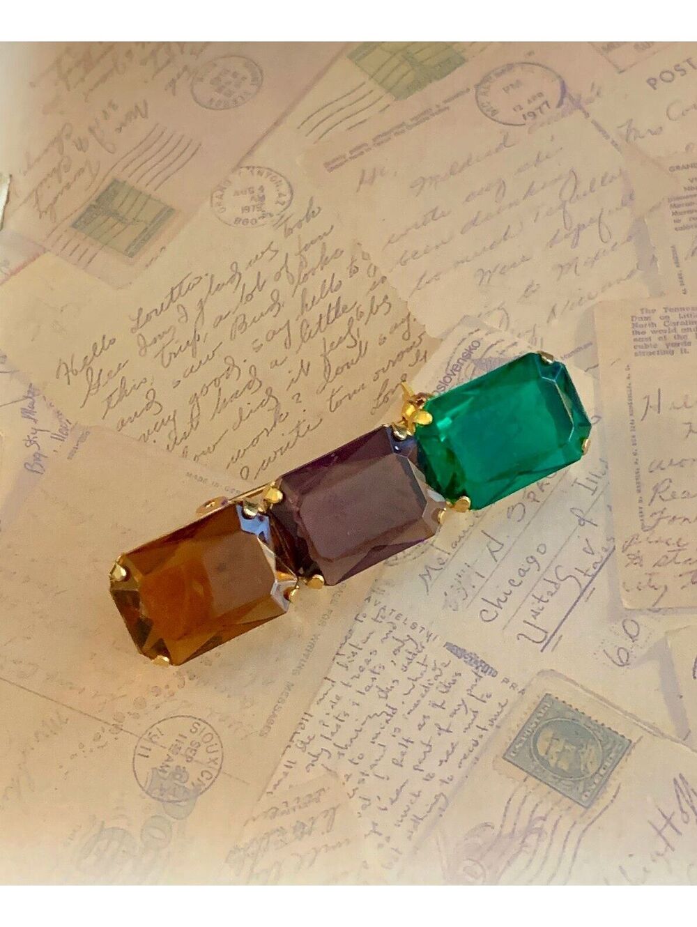 Vintage Colorful Gemstone Trio Brooch Pin with Gold Tone Setting